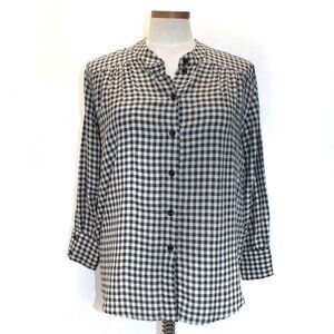 Zara Woman Button Front Black & Tan Gingham Plaid Blouse Size S